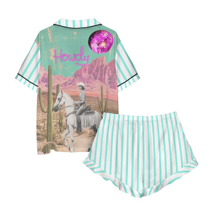 Baha Ranch Retro Pop Western Howdy Desert Cowgirl Satin Pajamas - - Pajama Sets