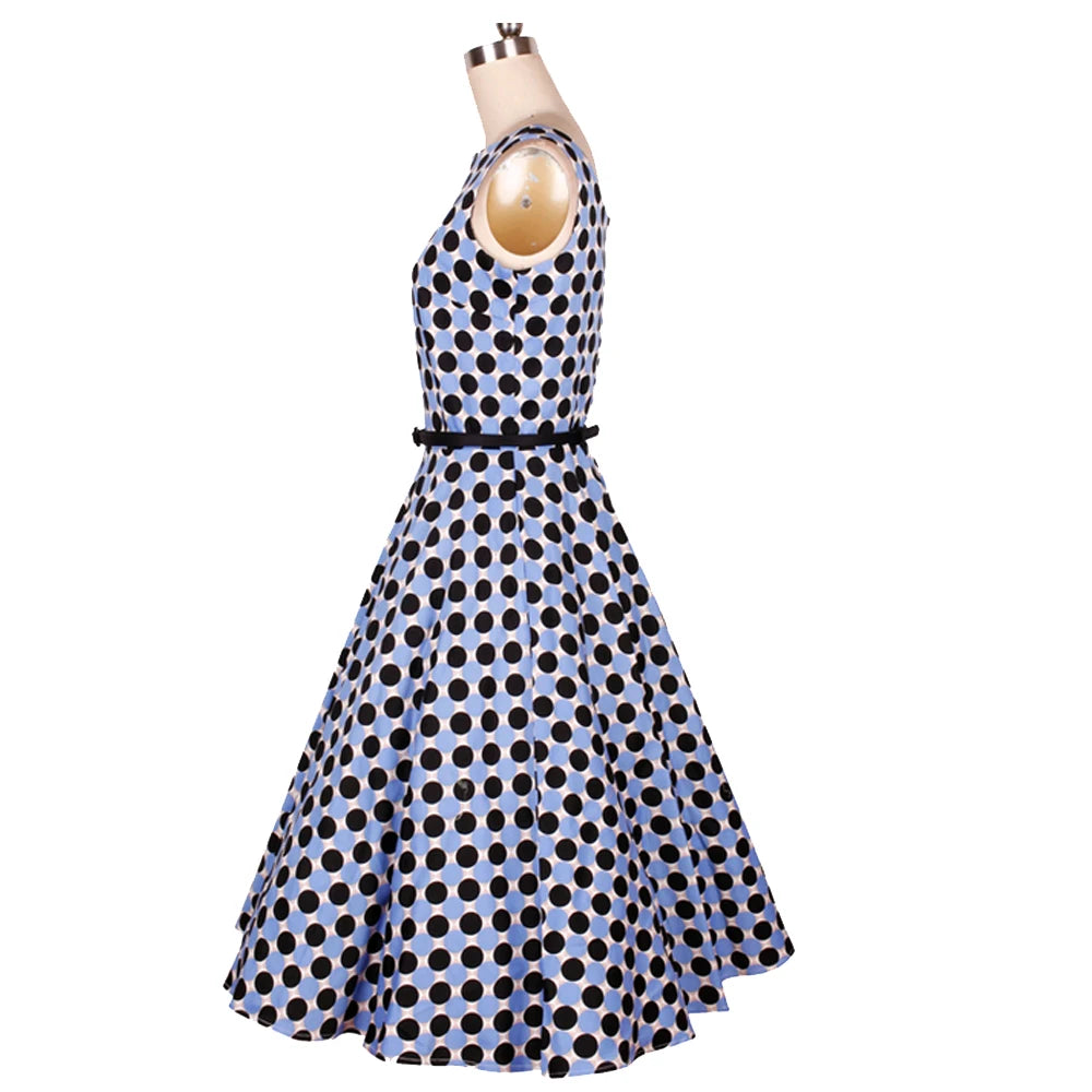 Retro Dress Blue and Black Polka Dot Boat Collar Adult Lady Girls Party Dress