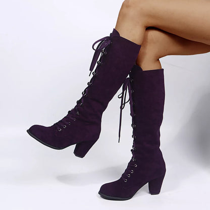 Lace Up Block Heels Boots - -