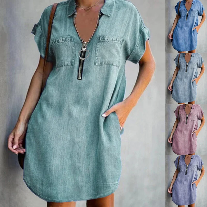 Denim Dress With Zip Closure - - dress