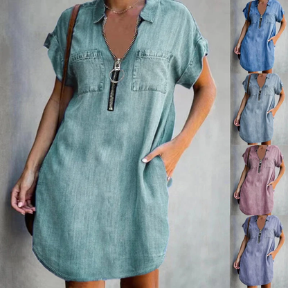Denim Dress With Zip Closure - - dress