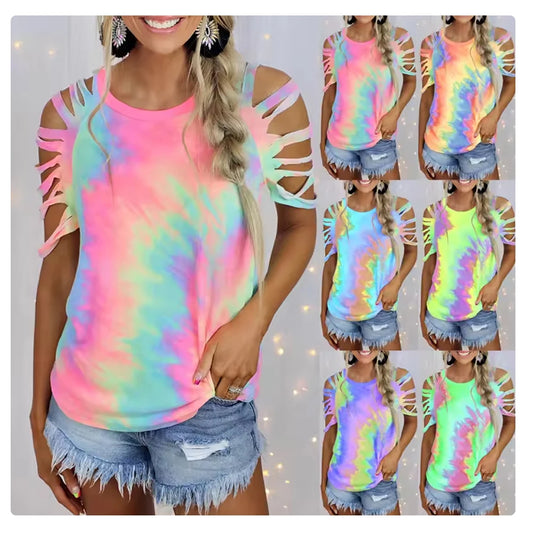 Tie Dye T Shirt Hollow Short Sleeve Loose T Shirt Casual Crew Neck Tee Tops