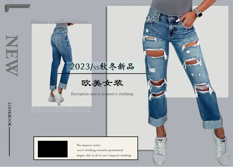 Women Casual Denim Long Pants Ladies Ripped Jeans