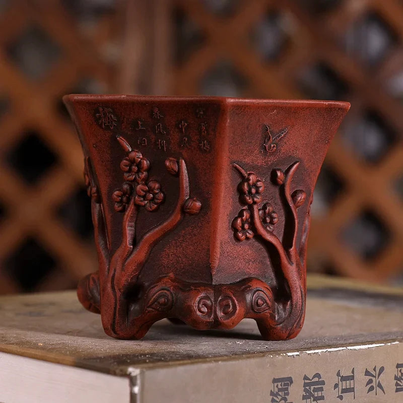 Purple Sand Plum Blossom Bonsai Pot – Carved Traditional Chinese Planter - - Planter