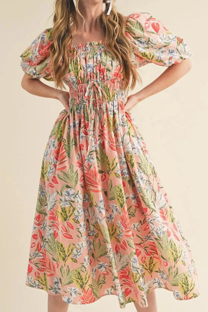 Floral Smocked Square Neck Puff Short Sleeve Midi Dress - Floral -