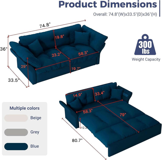 Blue Queen Size Three In One Convertible Sleeper Sofa - - Sleeper