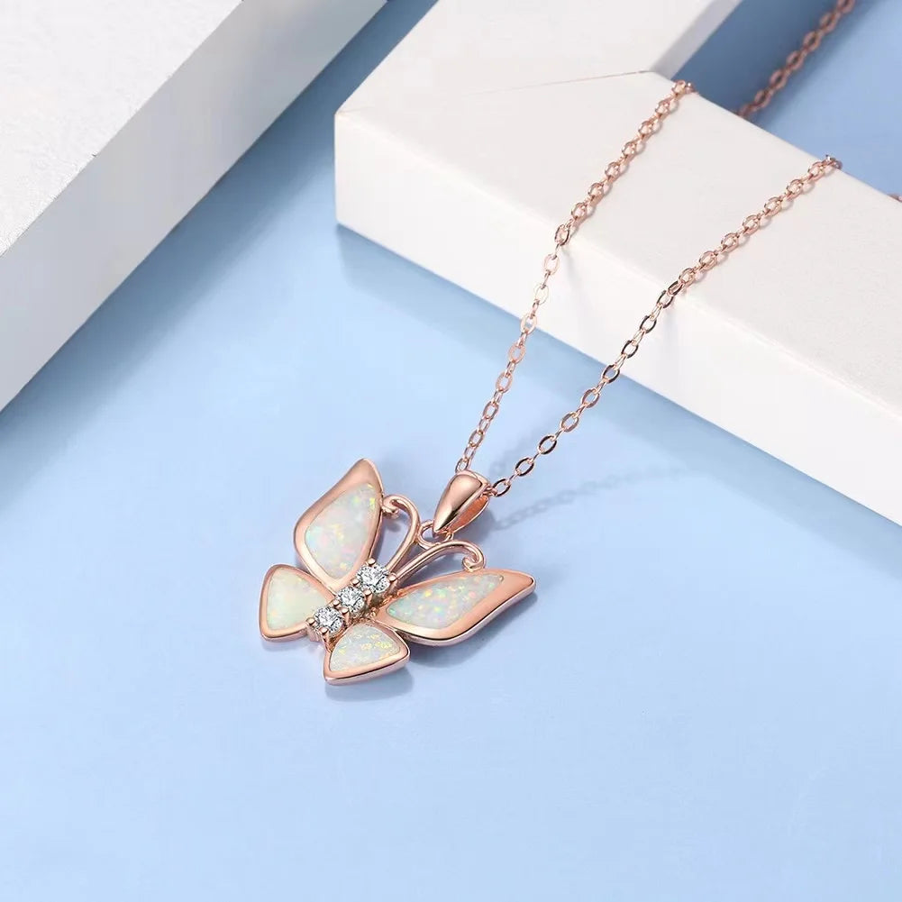 S925 Silver Butterfly Shape Synthetic Opal Pendant