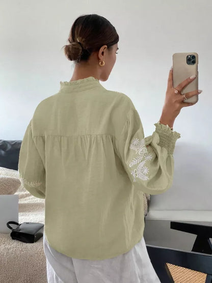 Embroidered Notched Long Sleeve Blouse - -