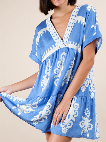 Printed V-Neck Short Sleeve Mini Dress - Blue -