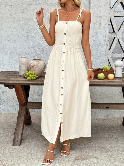 Smocked Button Front Tie Shoulder Dress - -