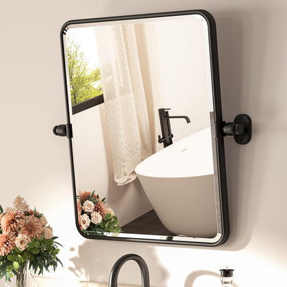 TETOTE Matte Black Pivoting Tilt Beveled Rectangle Metal Framed Mirror - - Mirror