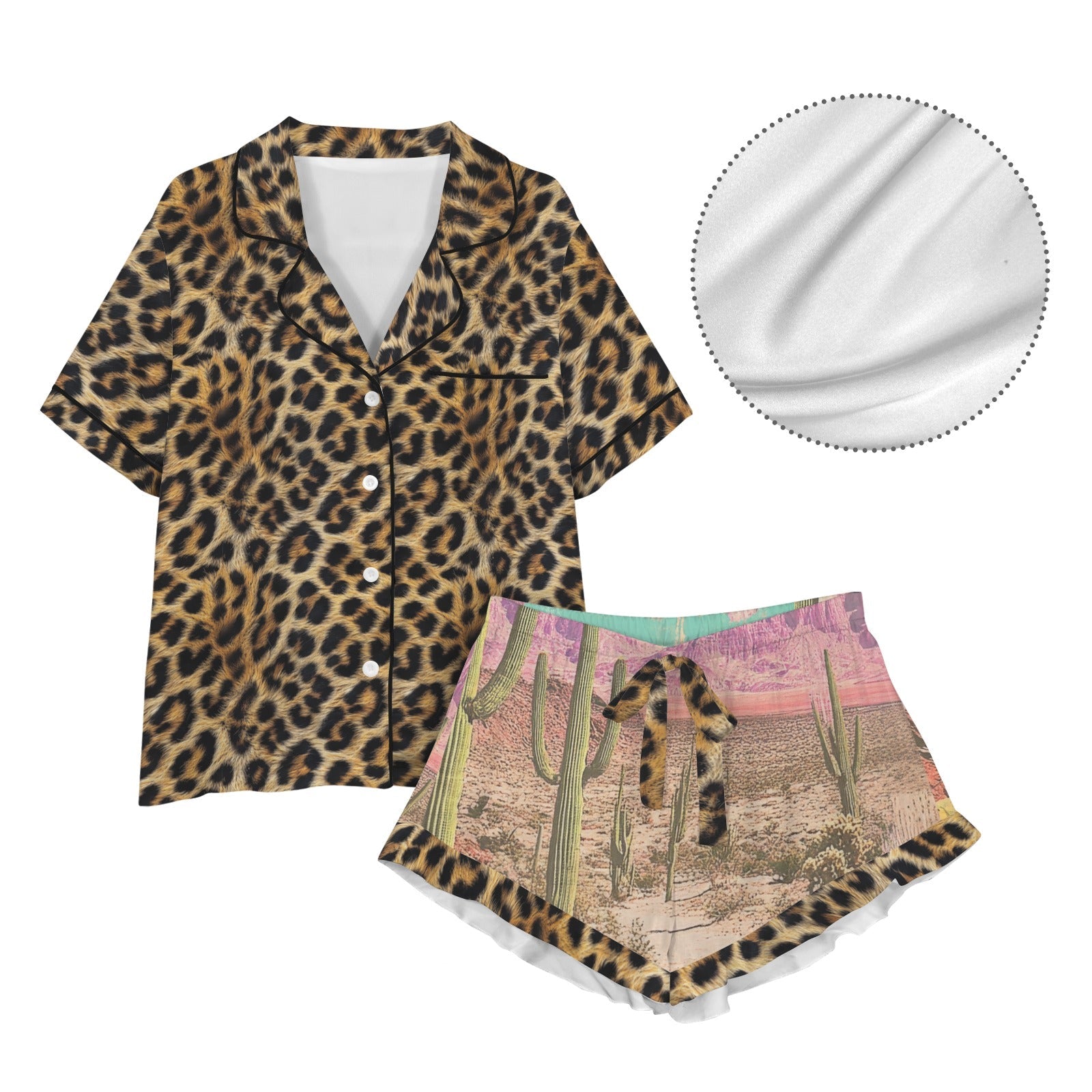 Baha Ranch Retro Pop Western Leopard Desert Cowgirl Satin Pajamas Howdy - - Pajama Sets