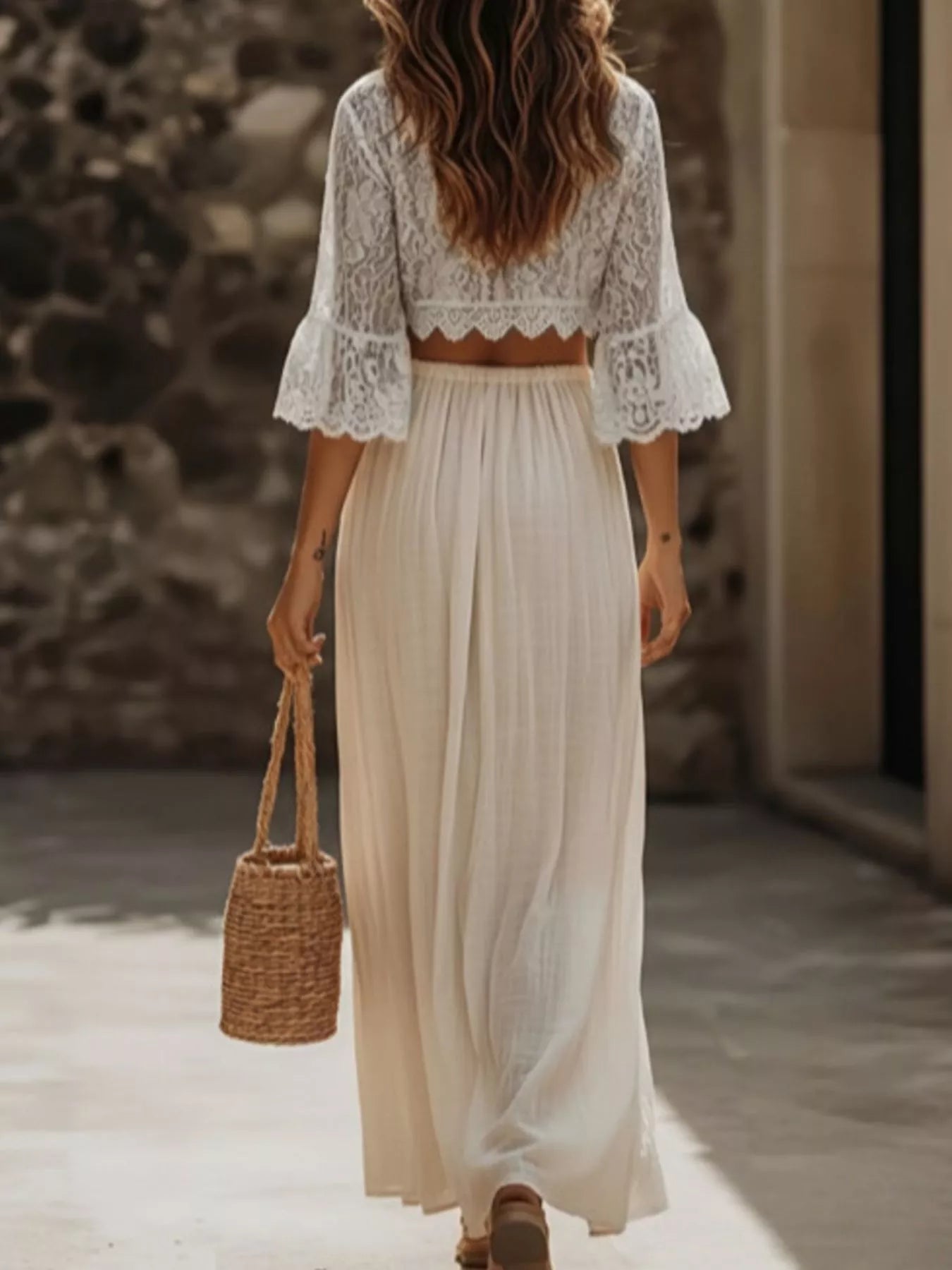 Lace Crop Top and Slit Maxi Skirt Set - -