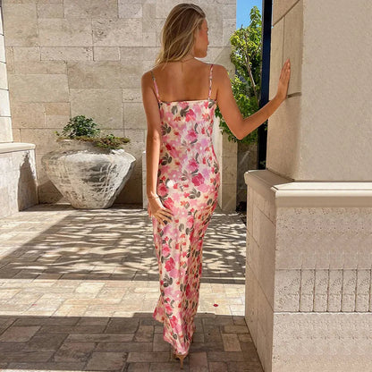 Floral Print Spaghetti Strap Sleeveless Long Bodycon Dresses