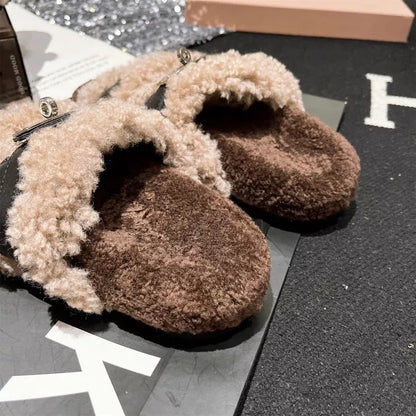 Fuzzy Buckle Accent Plush Slippers - -