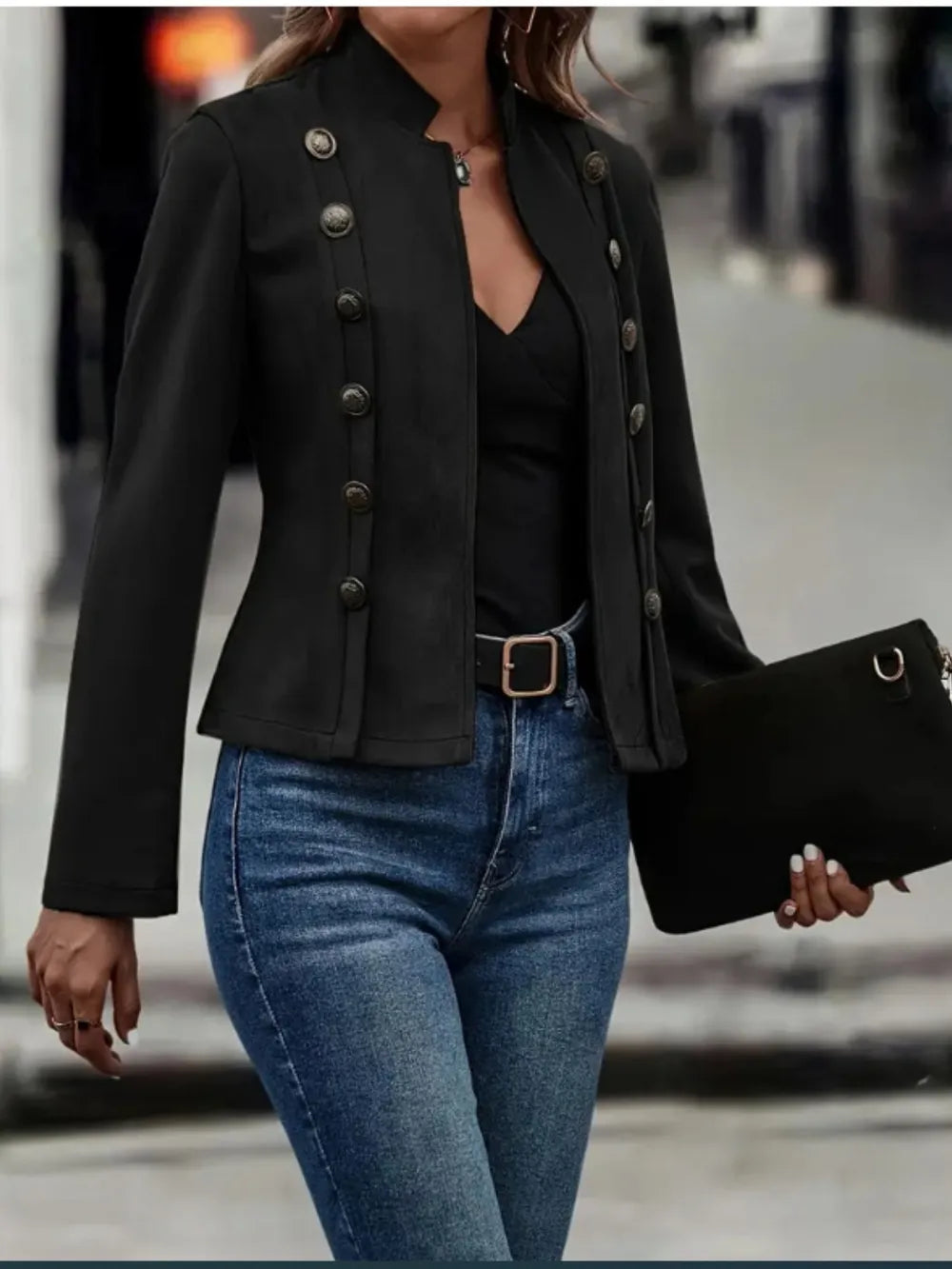 Decorative Button Open Front Long Sleeve Jacket - -