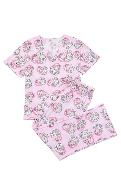 Pink Santa Claus Print V Neck Tee Drawstring Pants 2pcs Lounge Set - - Loungewear & Sleepwear/Loungewear