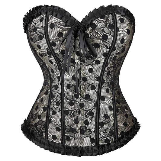 Overbust Corset Beige Satin Black Lace Polka Dot Corset