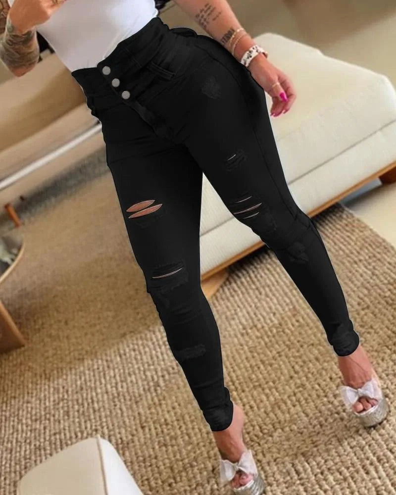 Ripped Jeans High Waist Casual Long Pant Denim Jeans for Women