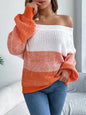 Color Block Off-Shoulder Long Sleeve Sweater - Orange -