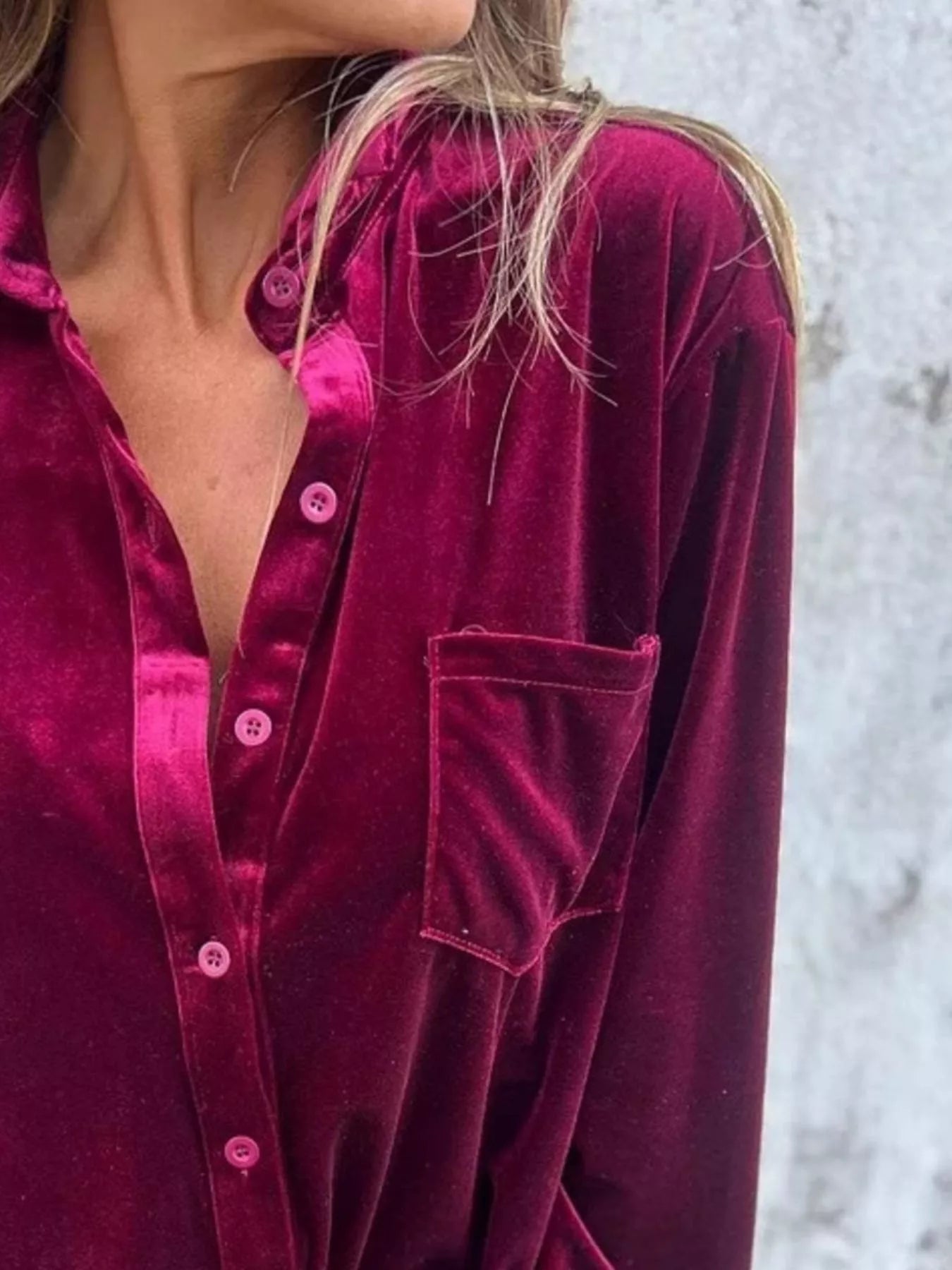 Full Size Velvet Button-Up Long Sleeve Shirt Plus Size - -