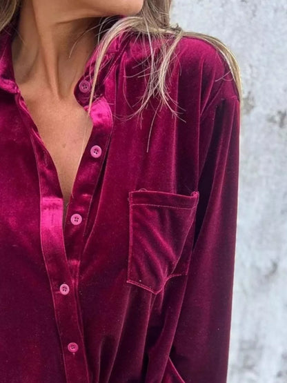 Full Size Velvet Button-Up Long Sleeve Shirt Plus Size - -