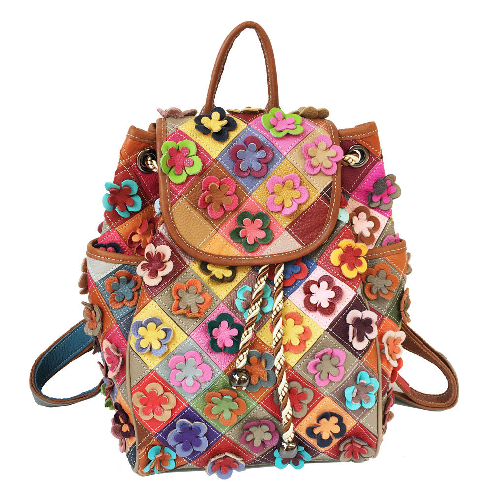 Retro Cowhide Patchwork Diamond Checkered Backpack - Random Color - bookbag
