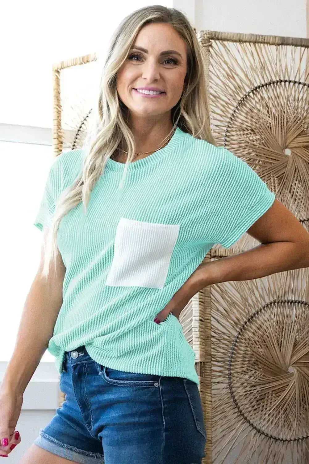 Pink Corded Colorblock Pocket Crew Neck T Shirt - - T Shirts