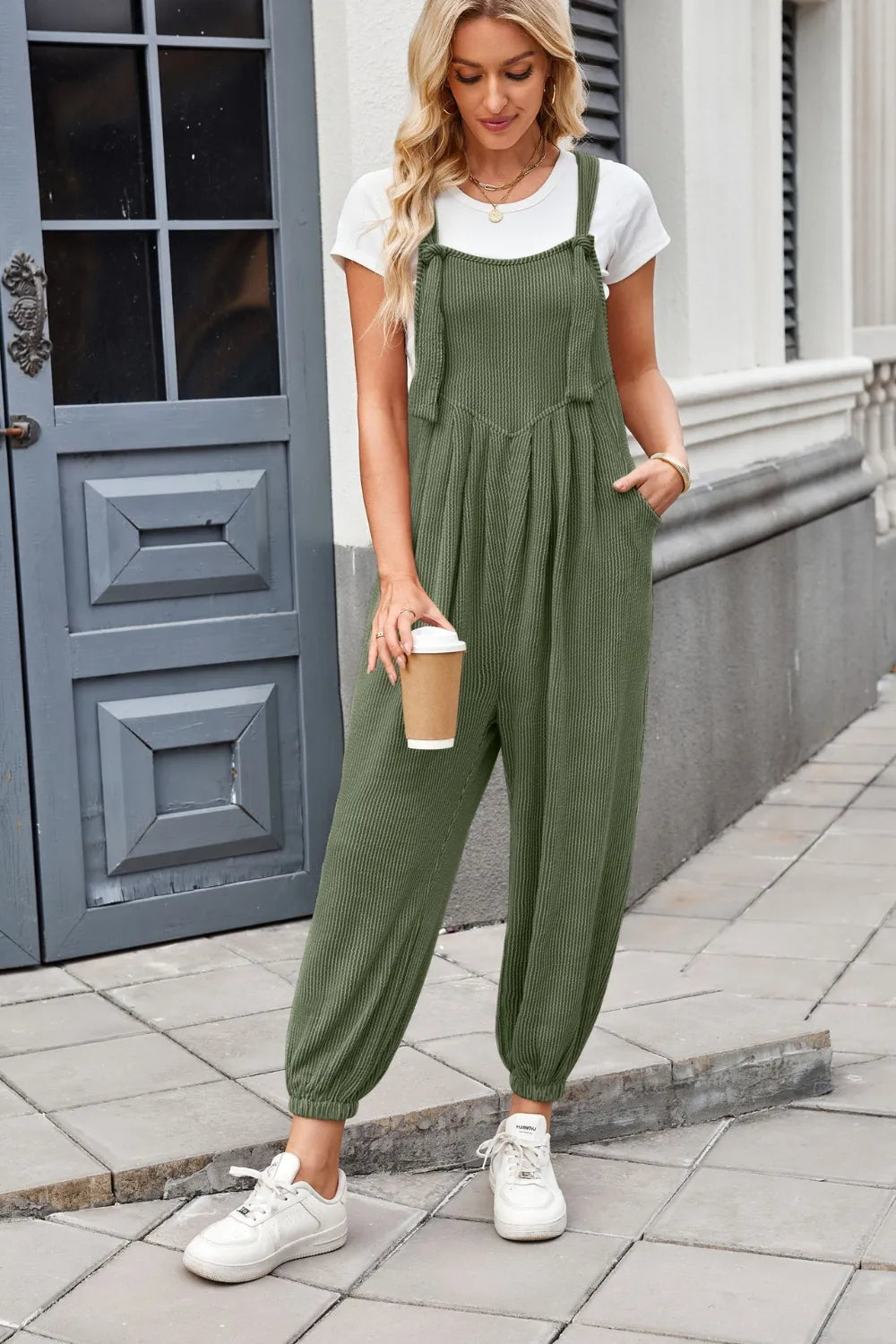 Lovelet Knotted Strap Overalls with Pockets - -