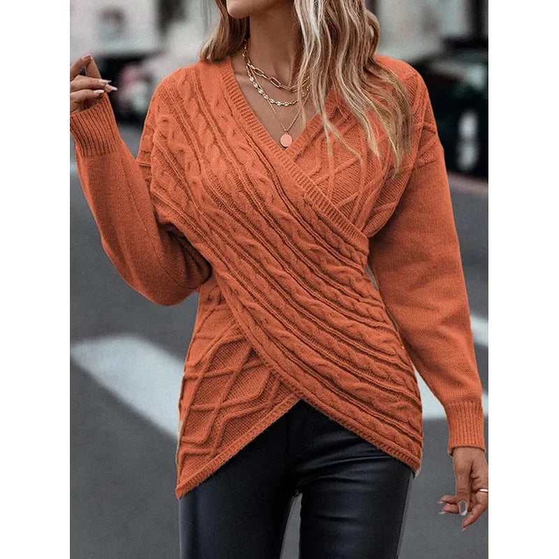 Women's V-Neck Long Sleeve Overlap Braided Sweater Solid Color Knitted Sweater