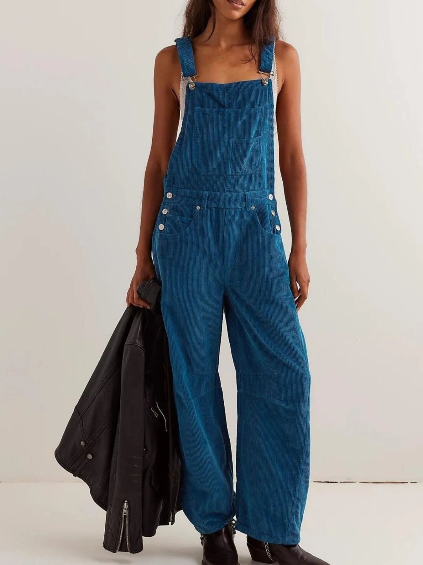 Corduroy Wide-Leg Overall with Adjustable Straps - Dusty Blue -