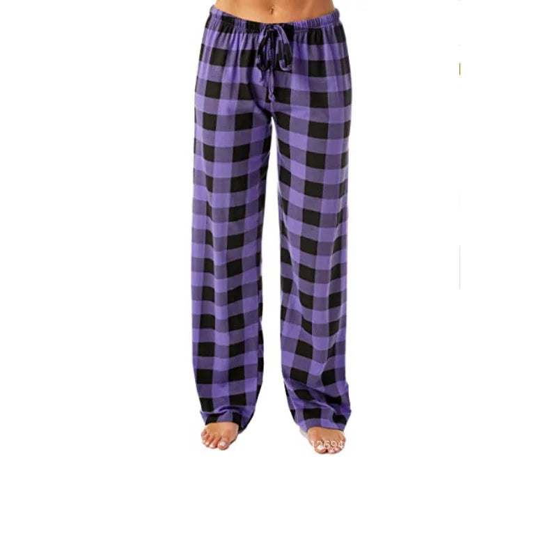 Women Solid Color Buffalo Plaid Pajama Pants Sleepwear With Pockets