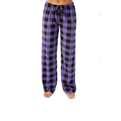 Women Solid Color Buffalo Plaid Pajama Pants Sleepwear With Pockets dark purple black