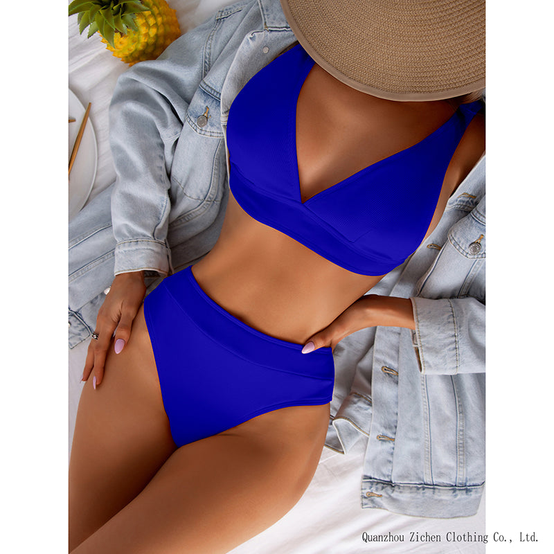 Ribbed High Waist V-Neck Bikini Push Up Bathing Suit