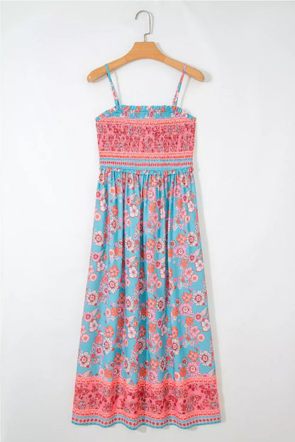 Bohemian Ethnic Print Spaghetti Straps Vacation Maxi Dress - - dresses