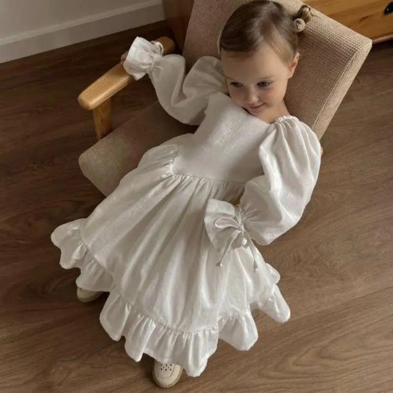 Girls Solid Ruffle Puff Sleeve Cotton Linen Dress