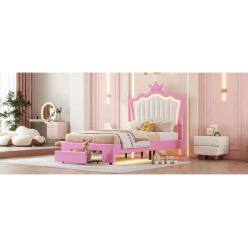 Twin Size Upholstered Bed Frame With LED Lights With Crown Headboard and Drawer - - bed frame