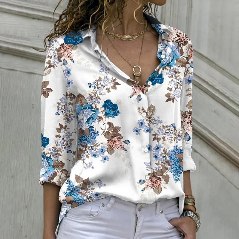 Long-Sleeved Casual Shirt Women Flower Blouse Oversized Loose Lapel Shirts