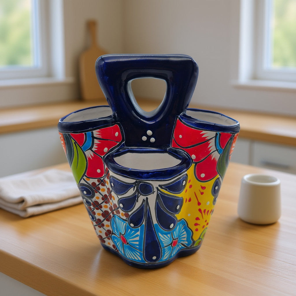 Talavera Utensil Holder Colorful Handmade Mexican Organizer - - Talavera Utensil Holder