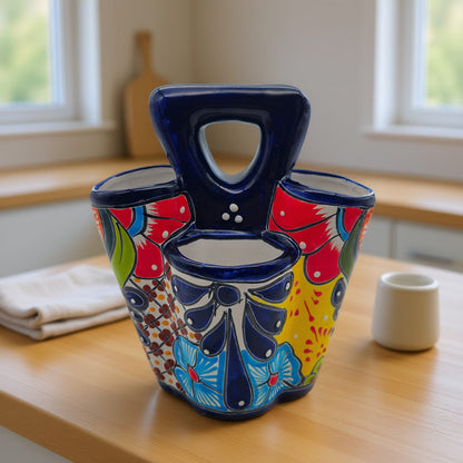 Talavera Utensil Holder Colorful Handmade Mexican Organizer - - Talavera Utensil Holder