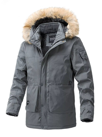 Men's Plus Size Fur Hooded Winter Parka Coat - Grey -