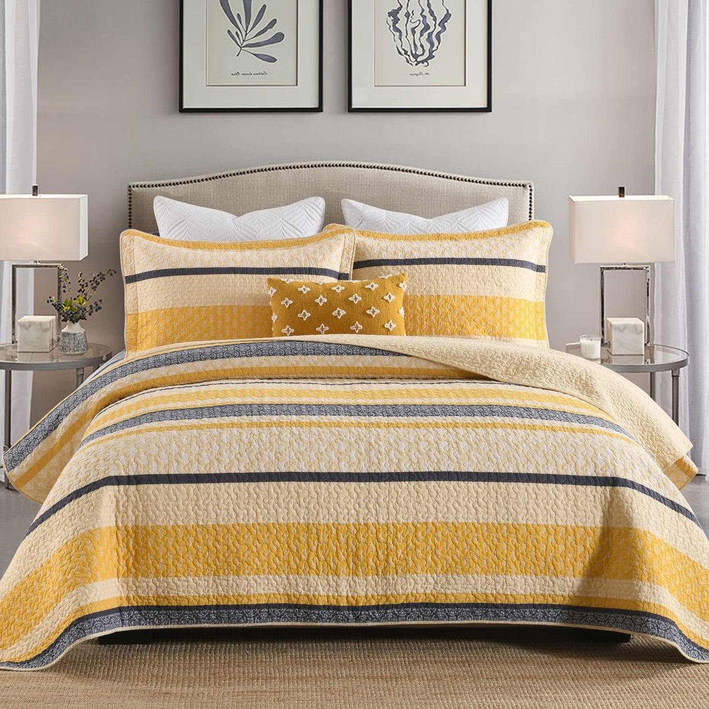 Homzard Cotton King Quilt - Yellow & Gray Bedspread - - quilt