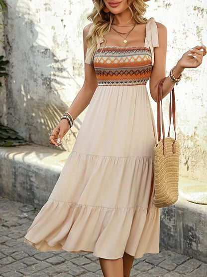 Tiered Tie Shoulder Midi Dress - -