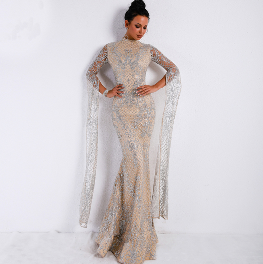 Sparkling High Neck Evening Gown - Silver M - dress