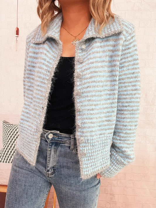 Striped Button-Up Long Sleeve Cardigan - -