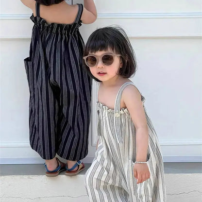 Casual Stripe Cotton Overalls beige