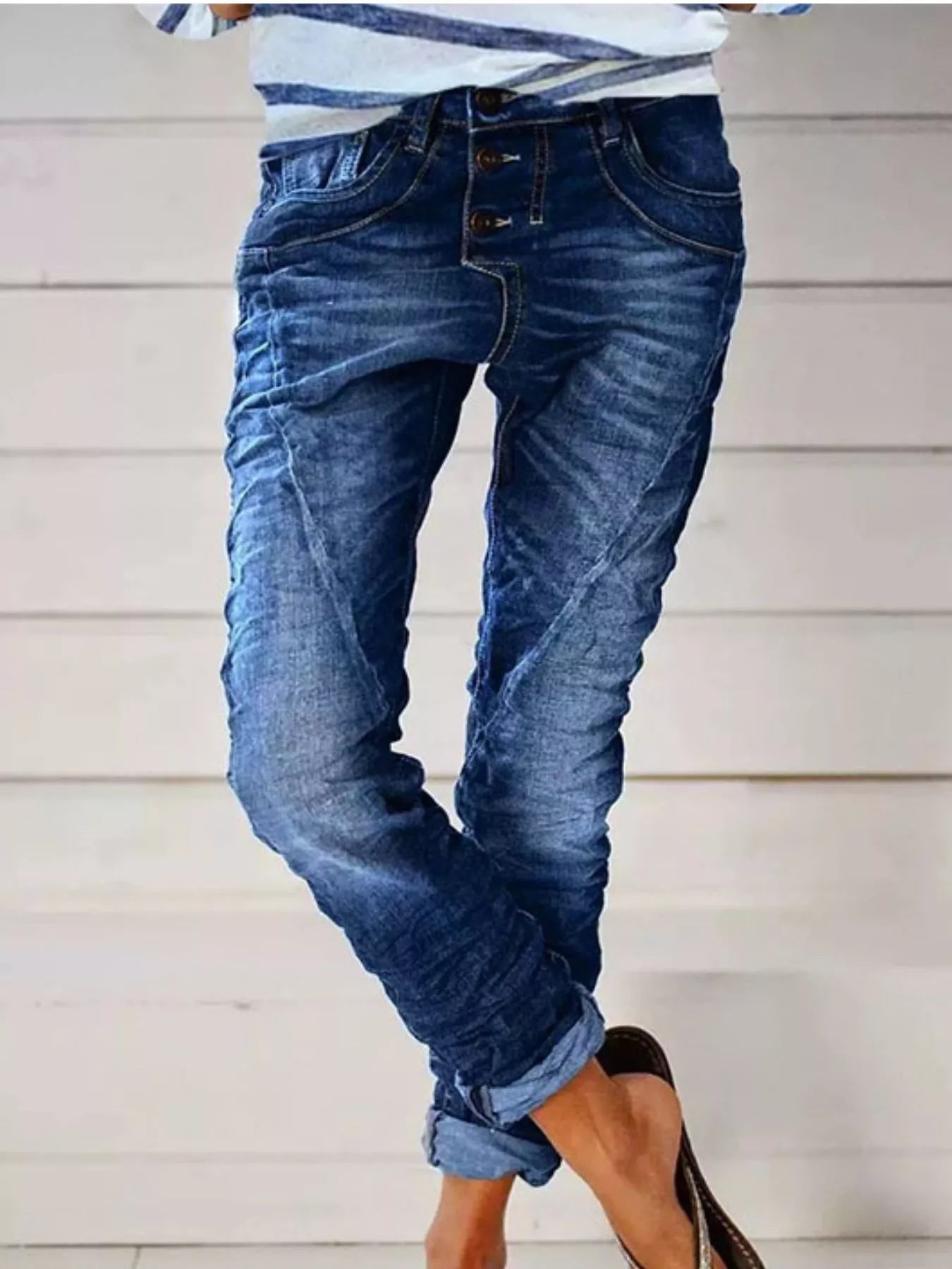 Full Size Washed Button-Fly Jeans Plus Size - Dark Blue -