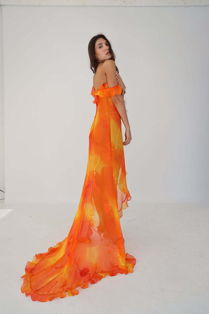 Trailing Style High Split Dress - Orange S - dress