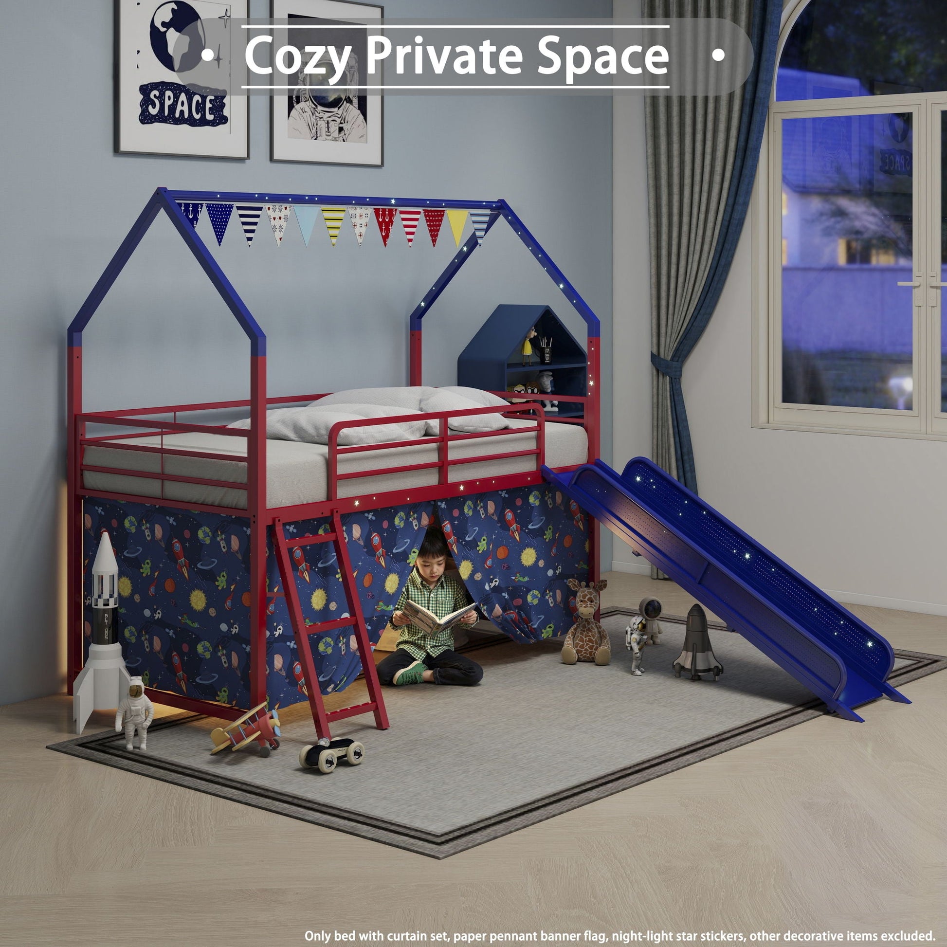Jack - House Loft Bed With Slide And Curtain Set- HouseOfZazla- {{Product type}}