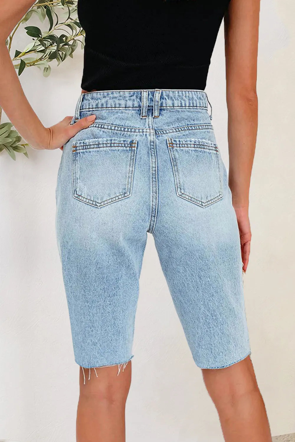 Distressed Pocketed Denim Shorts - -